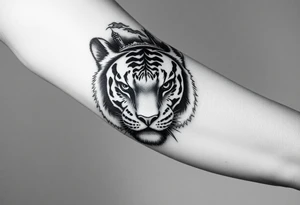 in a dorsal view of the hand and forearm a tiger face on the hand with black hollowed eyes, then above this a orthodox church shrouded with a mist and fading into a virgin mary overlooking tattoo idea
