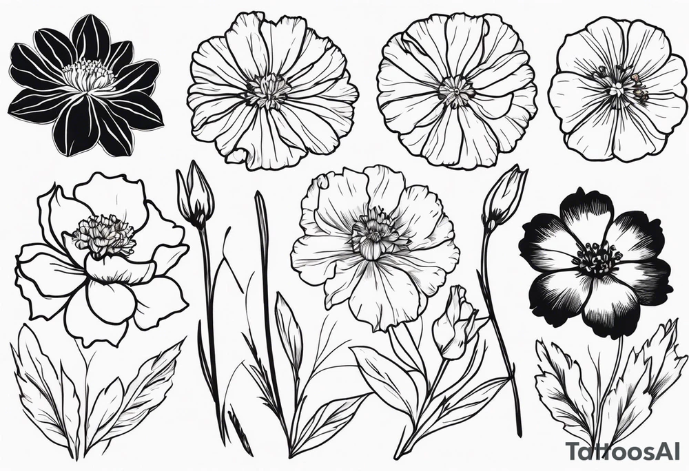 Bundle of flowers: Two carnations, Two daffodils, One snowdrop, One hawthorn flower, Two honeysuckles, One rose, One chrysanthemum, one cosmos, one marigold, one morning glory, and one aster tattoo idea