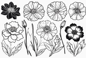 Bundle of flowers: Two carnations, Two daffodils, One snowdrop, One hawthorn flower, Two honeysuckles, One rose, One chrysanthemum, one cosmos, one marigold, one morning glory, and one aster tattoo idea