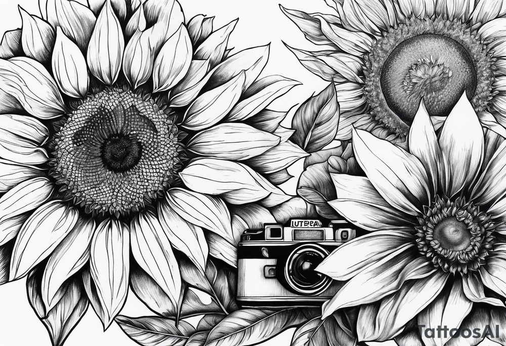 sunflower, camera, flower rose , book tattoo idea