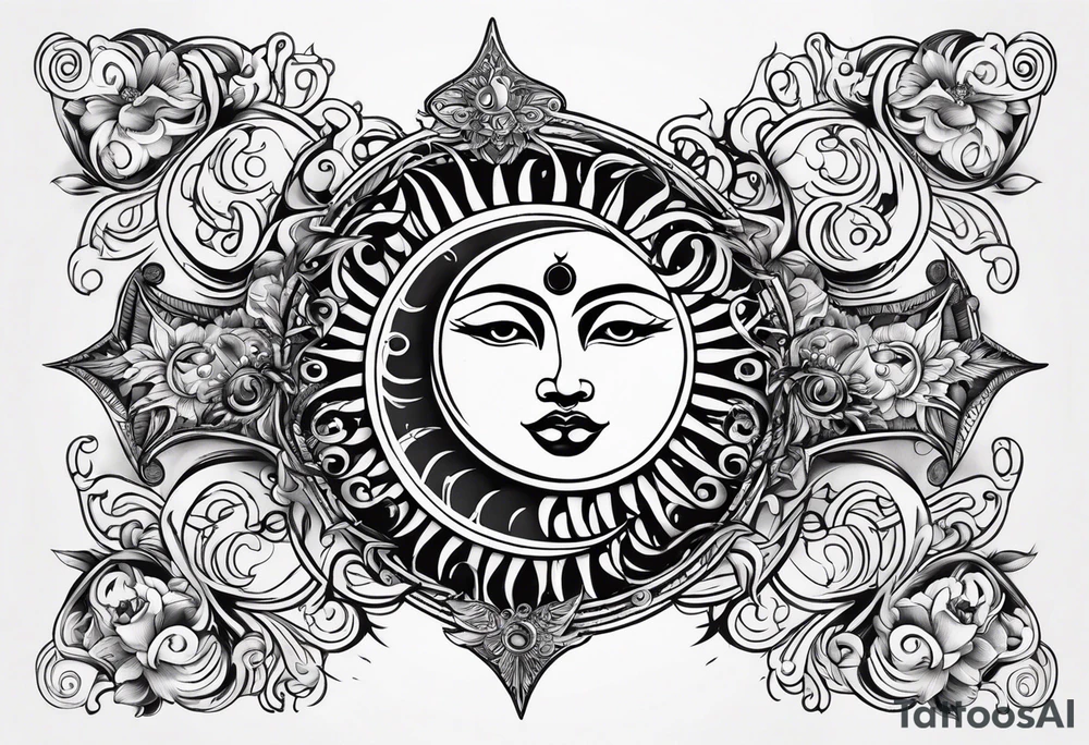 Sun and moon sternum swirls tattoo idea
