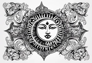 Sun and moon sternum swirls tattoo idea