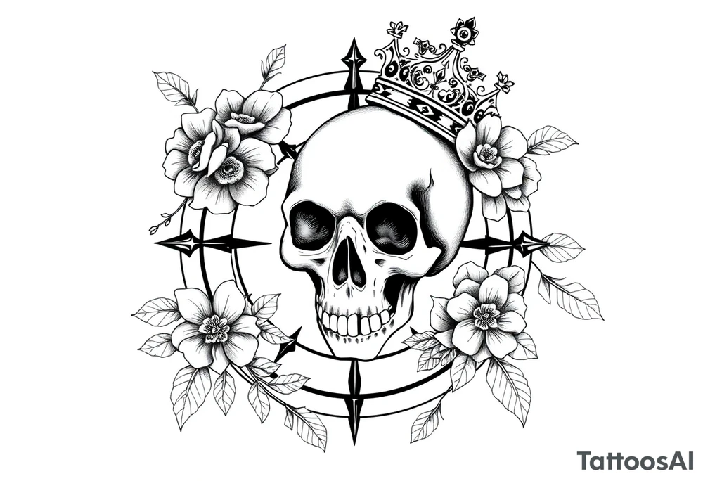 Compass with detailed beautiful gothic boho flowers on vine and skull with gorgeous crown tattoo idea