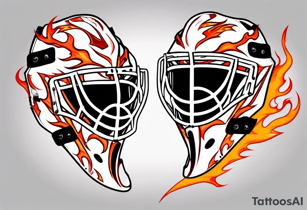 a goalie mask with crossed hockey sticks and flames that says "SHOT HOCKEY" tattoo idea