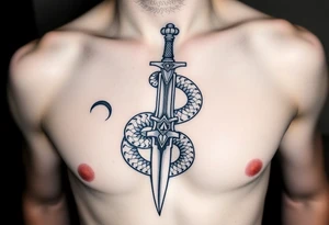 mystical snake coiled around an ancient dagger with jeweled hilt tattoo idea