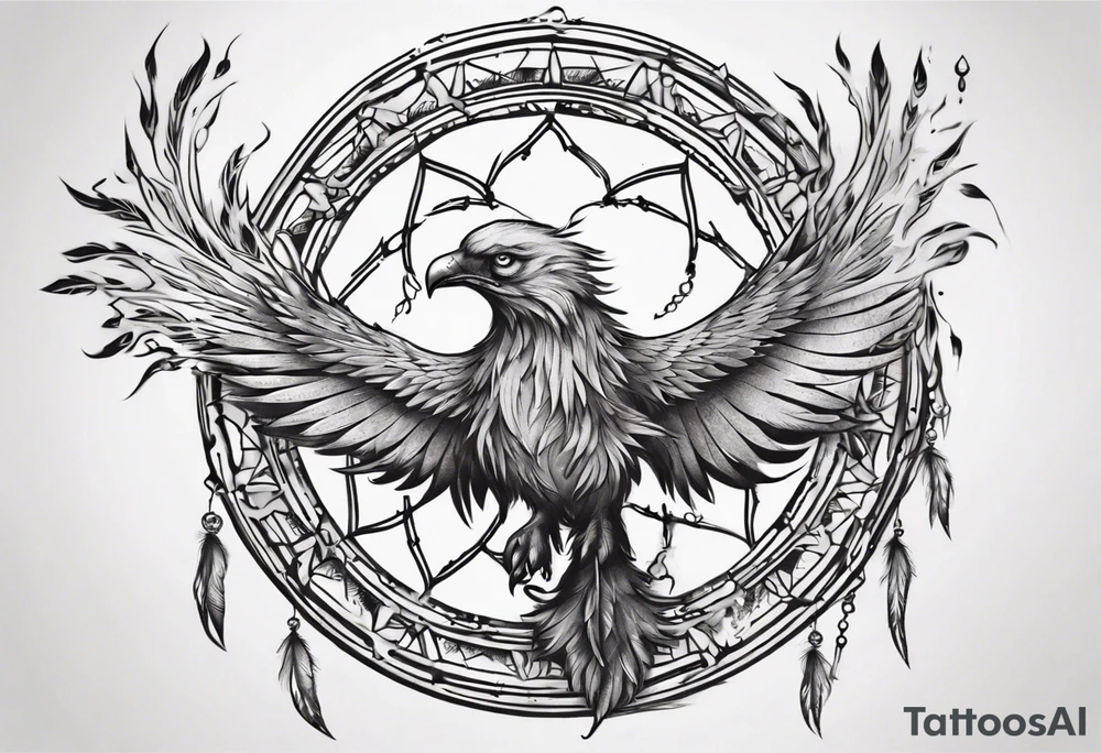 Fire Phoenix flying out of dream catcher tattoo idea