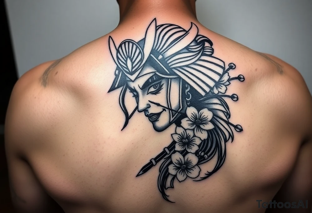 Samurai Asian face warrior
 with a fan across her face with cherry blossom with wind tattoo idea