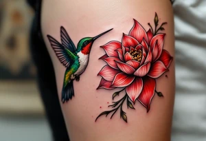 hummingbird and lotus flower, egyptian theme. Red and black colors only tattoo idea