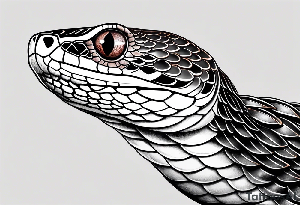 black and white drawing of a snake head with copper eyes an open mouth tattoo idea
