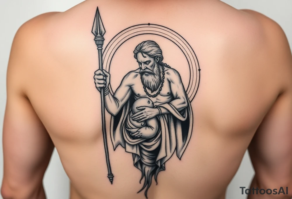 a tattoo design of the God Saturn but older and nearly dying holding his spear looking down using the spear to keep himself upright, in his other arms cradling a twin dying younger version of himself. The gemini constellation is in the background behind the Saturn Gods. Long vertical form as this will be on a thigh - include the planet Saturn rings going round the design tattoo idea