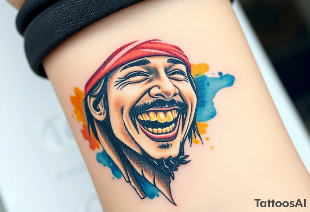 Jack Sparrow laughing wildly, his gold-toothed grin visible, with soft watercolor splashes of rum-colored amber and navy blue behind him tattoo idea