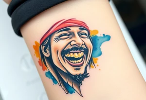 Jack Sparrow laughing wildly, his gold-toothed grin visible, with soft watercolor splashes of rum-colored amber and navy blue behind him tattoo idea