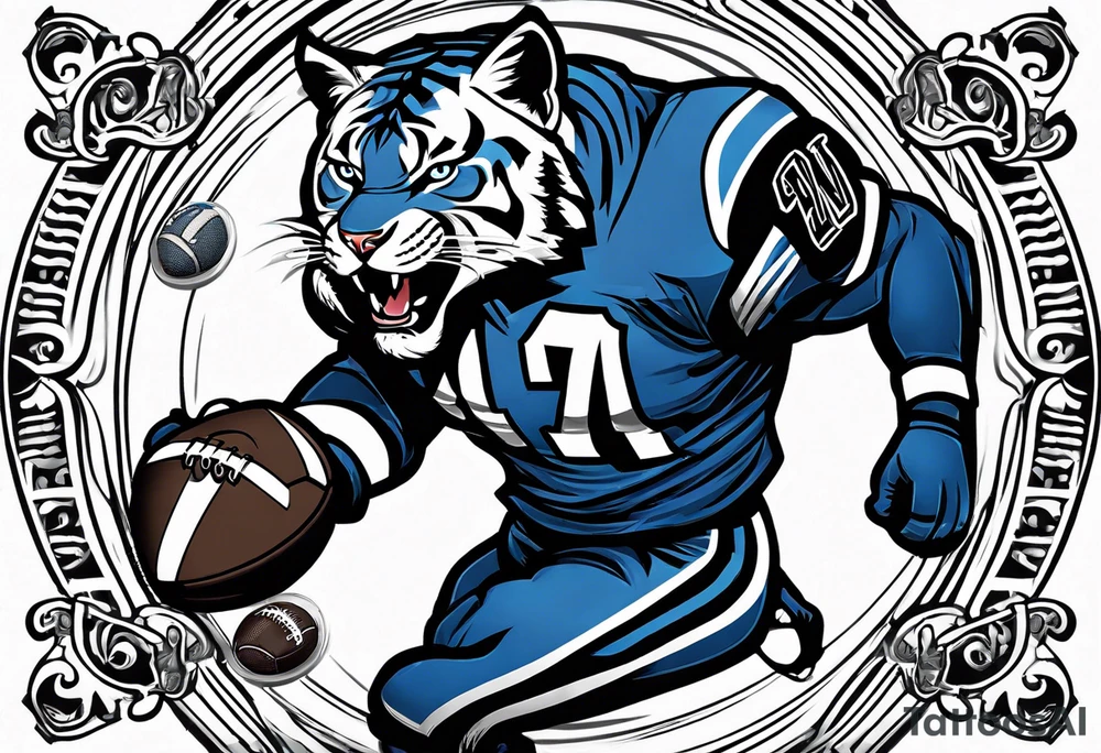 blue wildcat half black boy in football attire  morphing into football game night tattoo idea