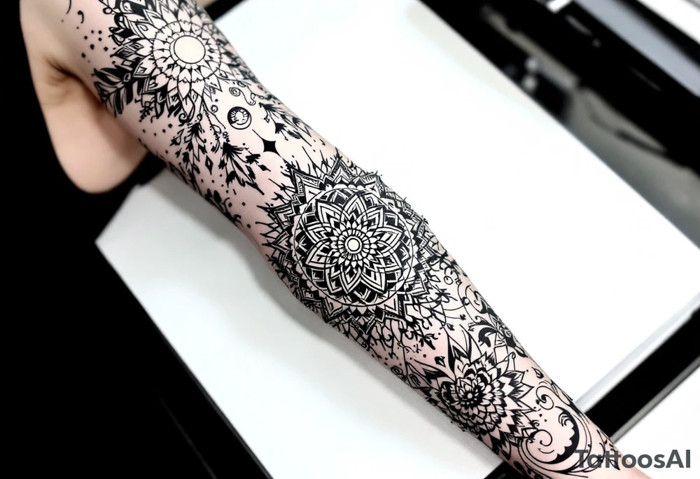 intricate mandala with sacred geometry and cosmic elements tattoo idea