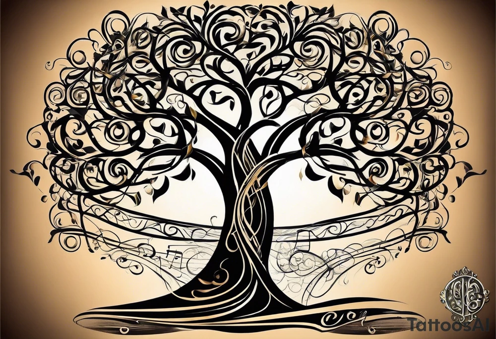 A tattoo design that incorporates the following elements: an abstract tree of life that has roots emerging  from the ground. Waves of water wrap around the tree in a non symmetrical design.  Incorporate musical notes into the tree. the letters U and A are overlapping and engraved into the tree. A golf flag incorporated but not prominent tattoo idea