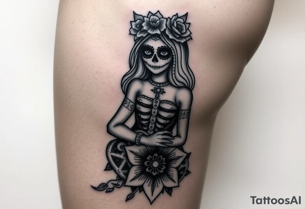 La Catrina in Chicano style on the thigh connected with a mandala on the knee tattoo idea