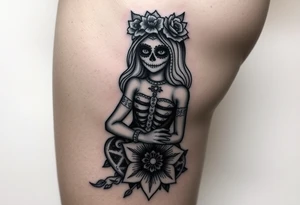 La Catrina in Chicano style on the thigh connected with a mandala on the knee tattoo idea