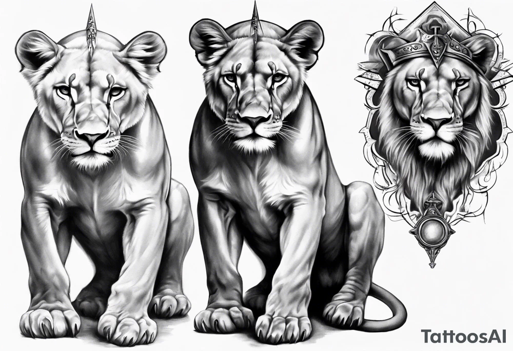 Lioness standing next to a Templar tattoo idea