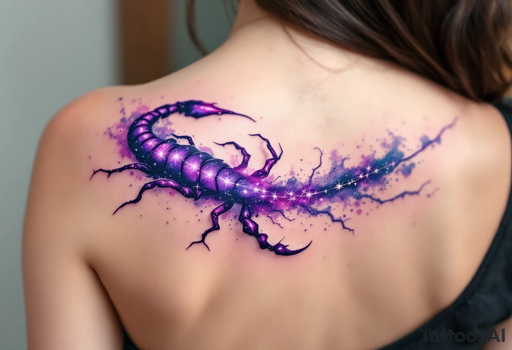 The Scorpius star constellation slashes across the night sky like a glowing violet scorpion tail ready to strike tattoo idea