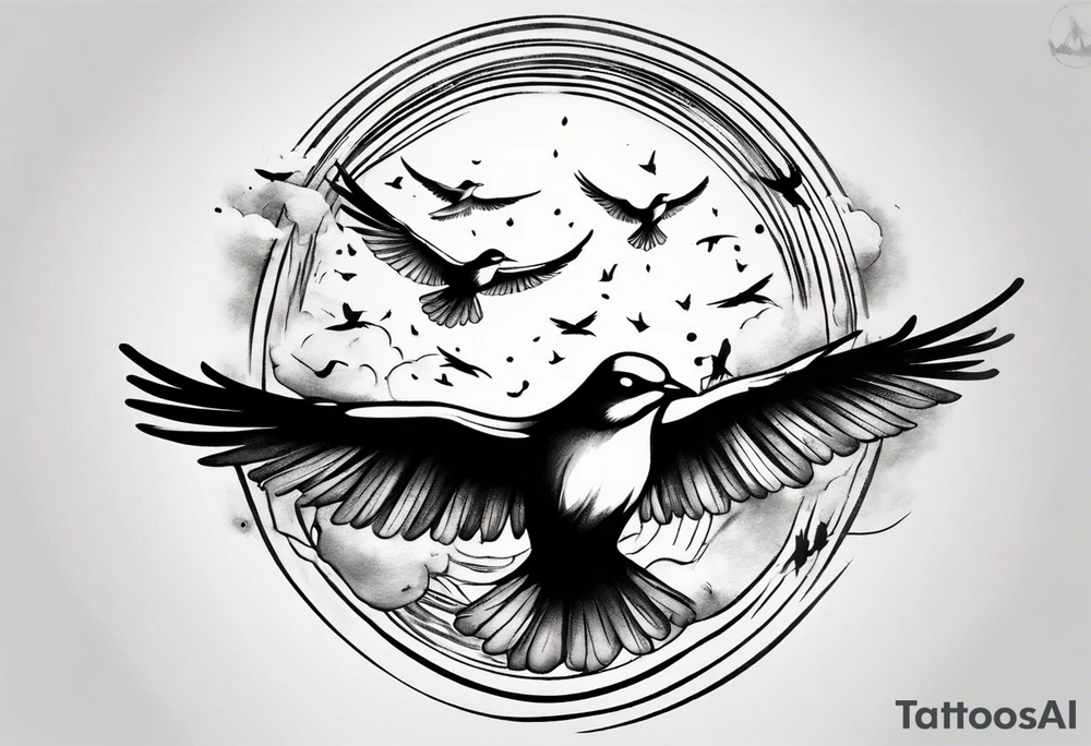shoulder tattoo with light rays with birds flying free among the clouds, round shape, with gradient ends tattoo idea shoulder tattoo with light rays with birds flying free among the clouds, round shape, with gradient ends tattoo idea