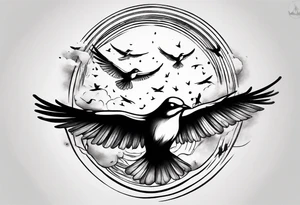shoulder tattoo with light rays with birds flying free among the clouds, round shape, with gradient ends tattoo idea