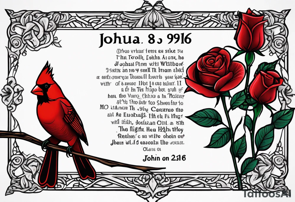 Bible verse Joshua 1:9 and John 3:16 written out with a red cardinal and red rose left arm sleeve tattoo idea