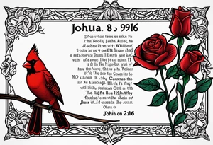 Bible verse Joshua 1:9 and John 3:16 written out with a red cardinal and red rose left arm sleeve tattoo idea