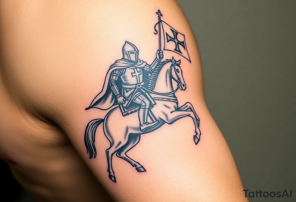 A medieval knight holding a banner with the Templar cross, riding into battle on a warhorse tattoo idea