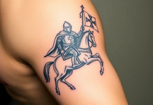 A medieval knight holding a banner with the Templar cross, riding into battle on a warhorse tattoo idea