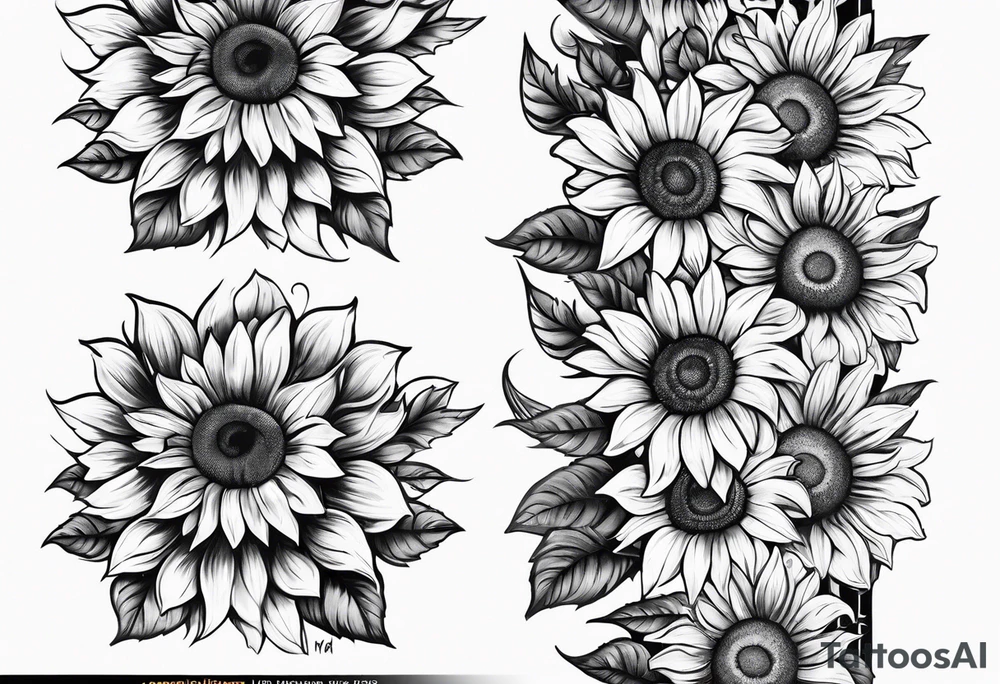 Arm sleeve Foral sunflower and roman numeral tattoo idea