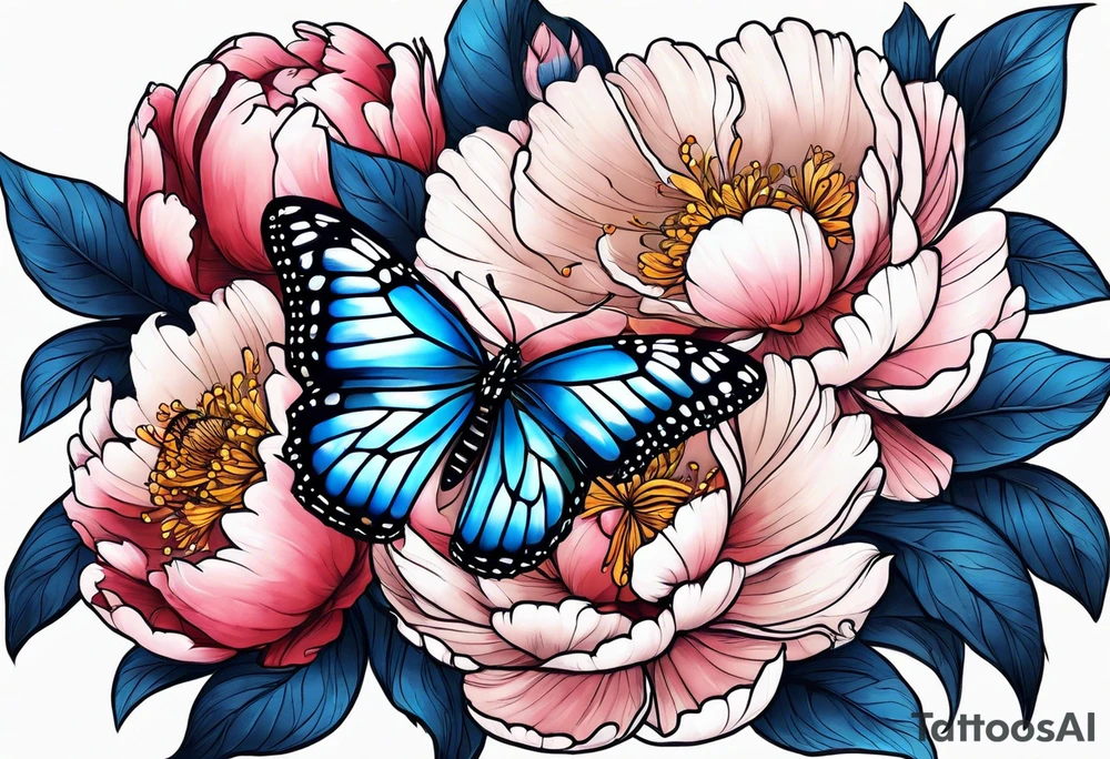Peony with blue monarch butterflies tattoo idea