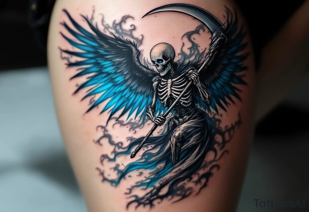 A skeletal angel with dark blue ethereal wings, holding a flaming scythe, surrounded by swirling shadows. tattoo idea