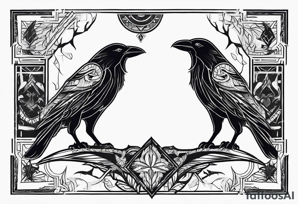 raven and wolf facing the front tattoo idea