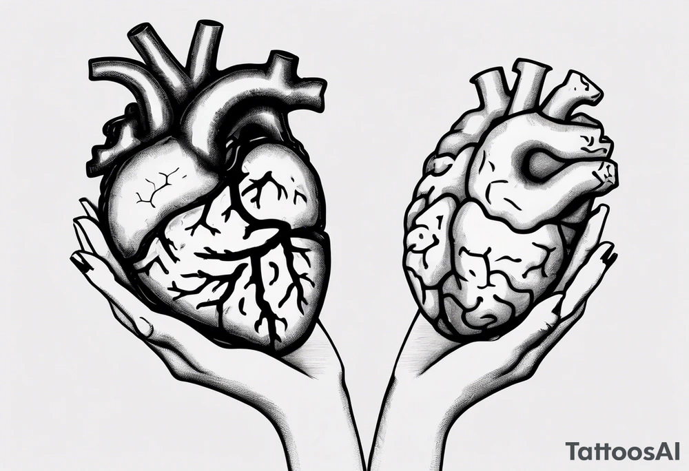 Woman's hand holding anatomical heart and an anatomical brain by a string tattoo idea