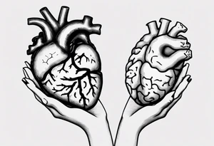 Woman's hand holding anatomical heart and an anatomical brain by a string tattoo idea