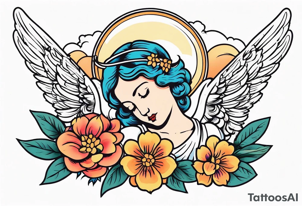 angel vintage tattoo style old school traditional bold color simple with flowers surrounded tattoo idea