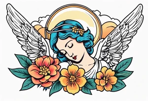 angel vintage tattoo style old school traditional bold color simple with flowers surrounded tattoo idea