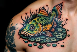 Swamp Guardian Catfish – A dark mossy green and mud-brown catfish resting beneath lily pads and cattails, evoking deep Southern waters. tattoo idea