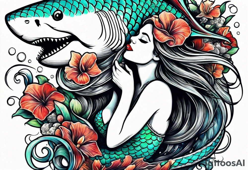 Mermaid kissing a shark tattoo idea