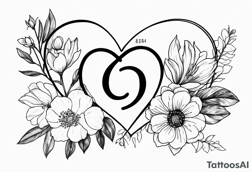 Heart with September birth flowers with the name Cameron and the time 8:34am tattoo idea