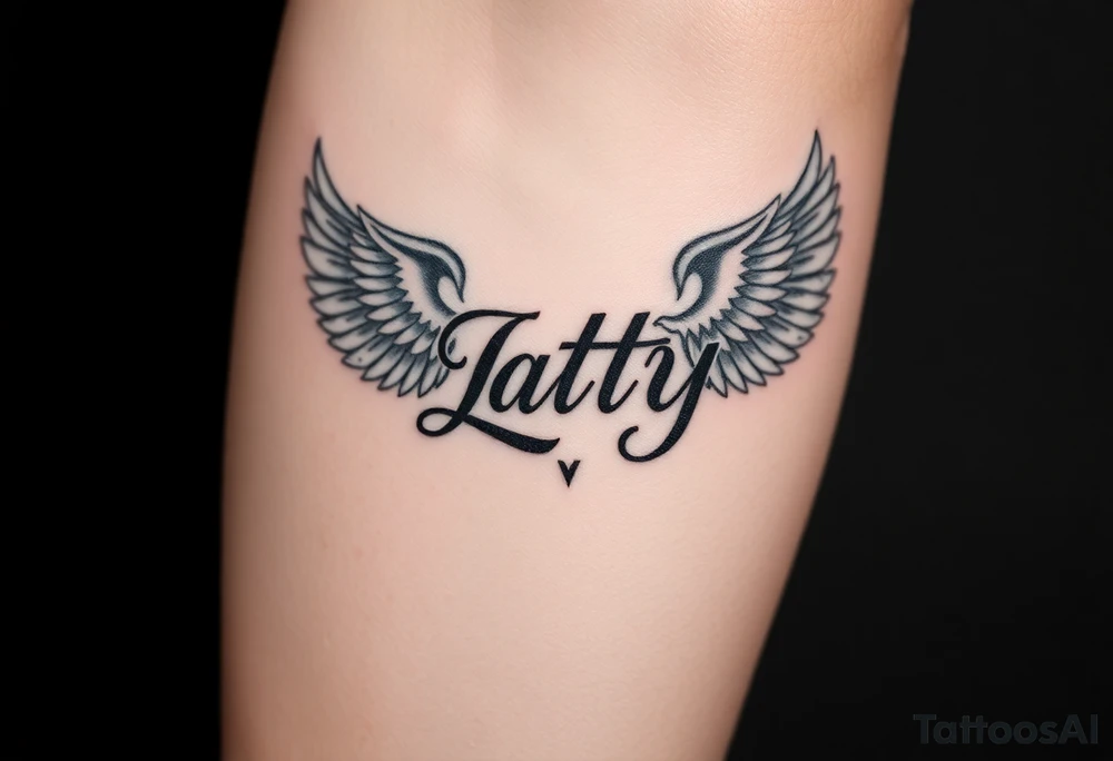 powerful majestic name patty saying LLP and wings around her name tattoo idea
