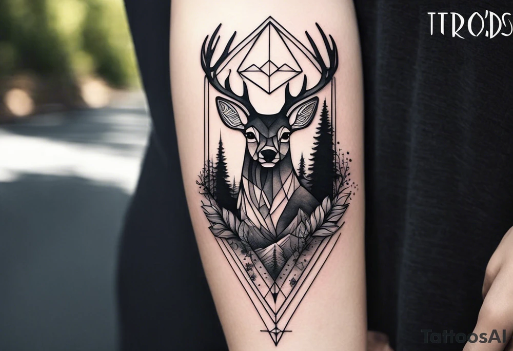 crea un tatuaje para el brazo izquierdo donde se vean animales en estilo geometrico y una cruz de los vientos en el antebrazo interno. el fondo debe ser un bosque con montañas esfumado. Usar escala de grises tattoo idea