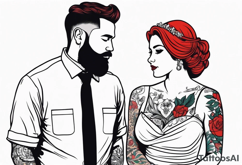 Busty red haired woman with a bearded man who has black hair getting married tattoo idea