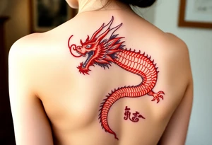 Big red chinese dragon along spine tattoo idea