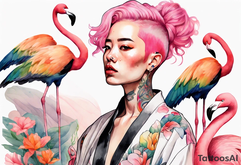 an androgynous person with pink hair and a rainbow robe standing next to a flamingo tattoo idea