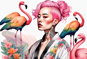 an androgynous person with pink hair and a rainbow robe standing next to a flamingo tattoo idea