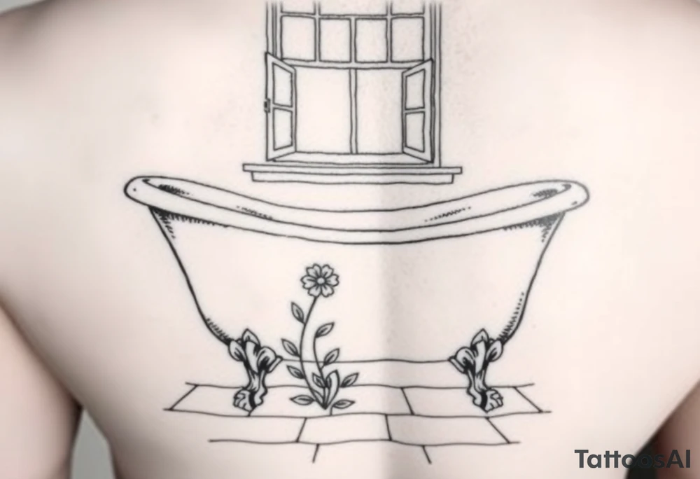 clawfoot bathtub with window above it. add a tile floor with a flower growing through the cracks tattoo idea