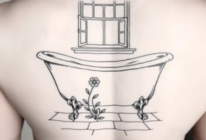clawfoot bathtub with window above it. add a tile floor with a flower growing through the cracks tattoo idea