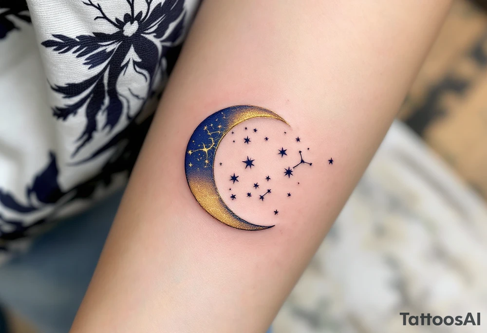 A crescent moon in navy cradles the Cancer constellation in glowing gold ink. tattoo idea