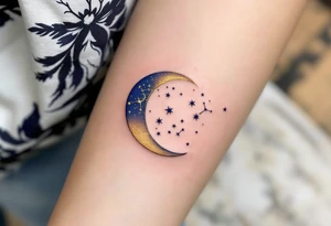 A crescent moon in navy cradles the Cancer constellation in glowing gold ink. tattoo idea